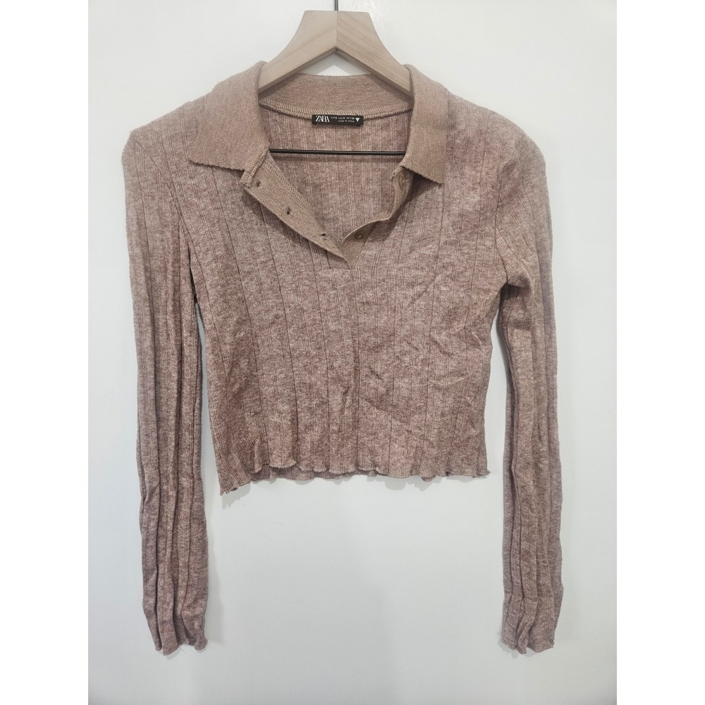 Zara Womens Ribbed Knit Polo‎ Long Sleeve Cropped Sweater Taupe Brown Small
